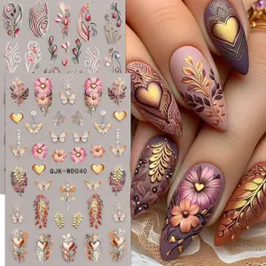 2pcs Boho Floral Nail Art Stickers, Flower Nails, Self-Adhesive Manicure Decals, 5D Embossed Design, Retro Bohemian Style, DIY Nail Decorations, Nail Decoration Supplies, Nail Art Sheet