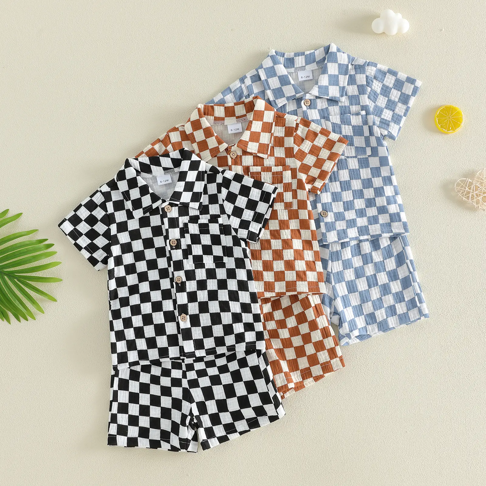 Canrulo Baby Boy Summer Outfit Checkered Plaid Short Sleeve Button Down Shirt Top Shorts Set Toddler Checkerboard Outfit 6M-4T