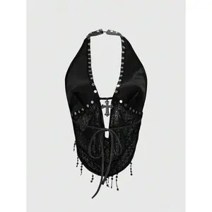 Grunge Punk Women's Y2K Sexy Metal Cross Pendant Mesh Sequins Splice Scoop Neck Backless Tank Top Womenswear Basic