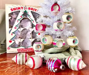 Vintage Shiny Brite Double Indented Reflector Fancy Shape Ornaments Set of 12 1940's to 1950's Mica Glitter Teardrop and Ball Shapes OR1675