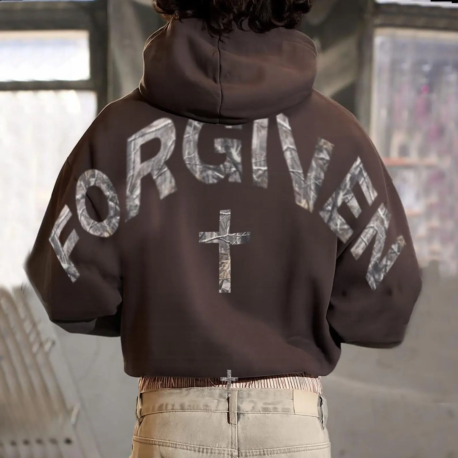 Camo Forgiven & Faithful Unisex Hoodie, Vintage Christian Pullover, Cross Faith Streetwear, Jesus Apparel, Shoulder-to-Shoulder Back Lettering Hooded Sweatshirt, Fall Winter Clothing
