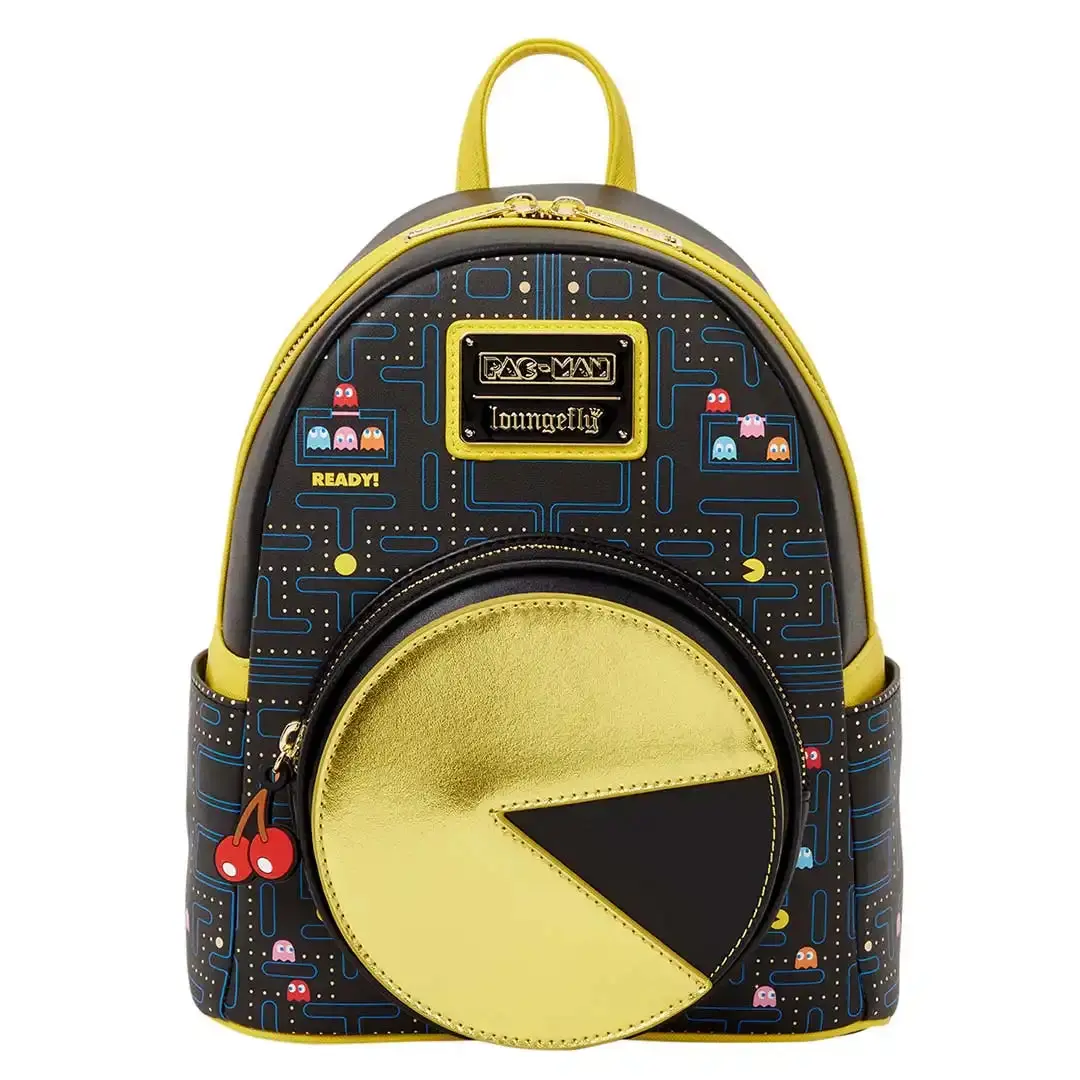Loungefly Retro Pac-Man Casual Cartoon Character Small Backpack - 9”W x10.5”H x4.5”D Faux Leather, Glow-In-Dark Maze All-Over Print, Metallic Ghost Appliques On Straps, Cherry Pull, Silicone Charm, Collectible EDC Gear, 90s Cartoon Backpacks