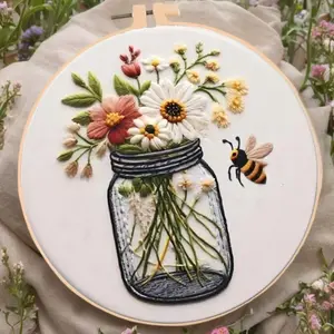 Beginner Embroidery Kit, Elegant Cross Stitch Set, Vase Bee Design, Flower Embroidery, DIY Embroidery Supplies, Includes Printed Cotton Fabric, Thread, Needle, Chart