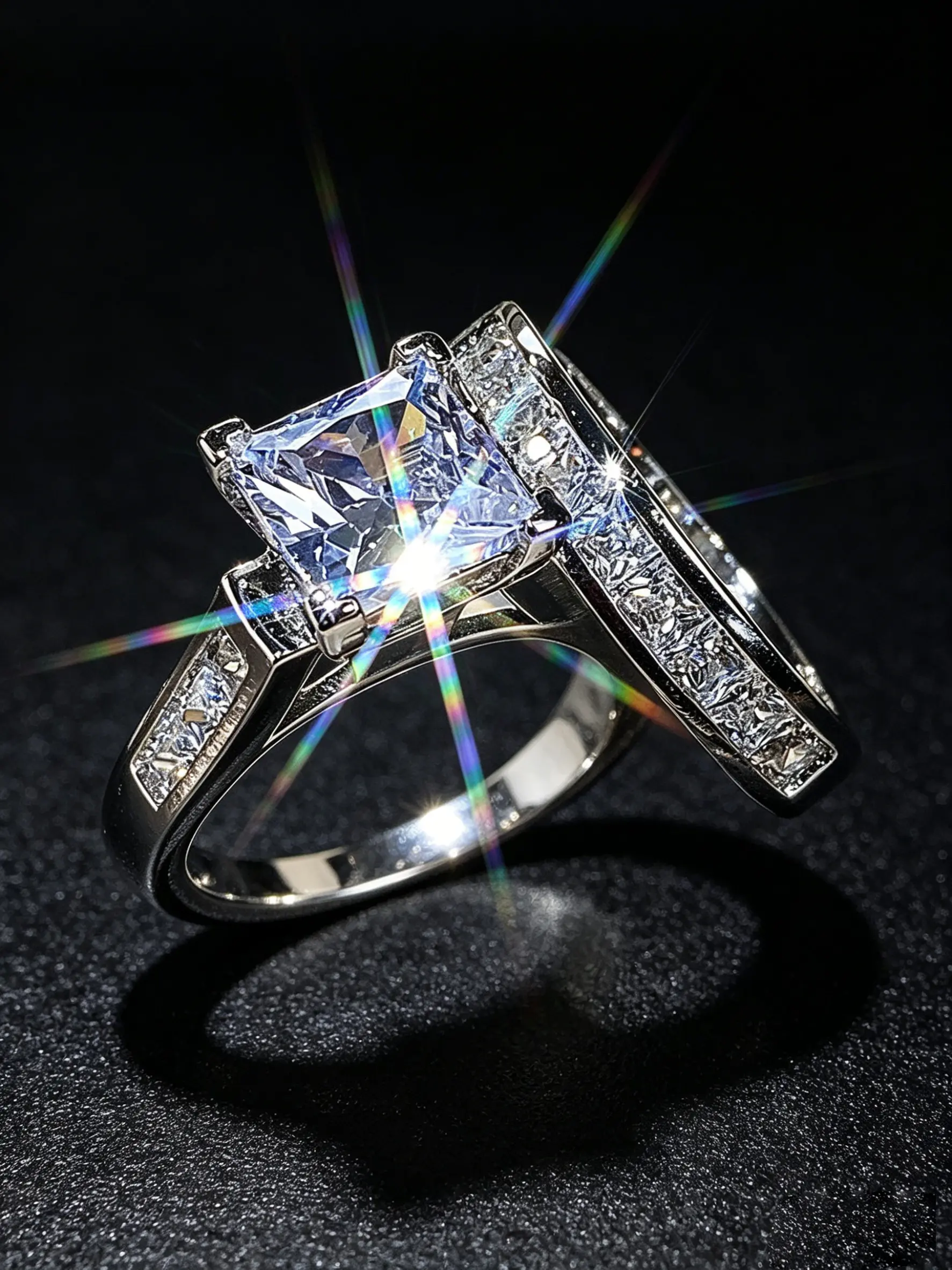 2pcs Princess Square Moissanite Cluster Ring Set, Engagement Ring & Wedding Band Combo, Silver Color Bridal Jewelry, Elegant Fashion Rings, Promise Ring with Side Stones, Gift for Girlfriend, Sparkling Rings