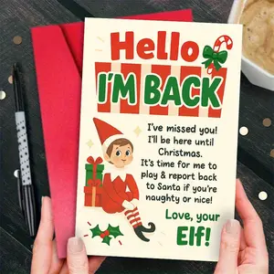 1 Hello, I'm Back Christmas Elf Greeting Card, Left Shoulder Cute Elf and Naughty/ Well-behaved List Design