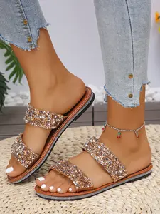 Women's Sparkling Sequins Slip-On Sandals, Casual Comfortable Flat Summer Shoes, Lightweight Beach Slippers, Ladies Cool Sandals