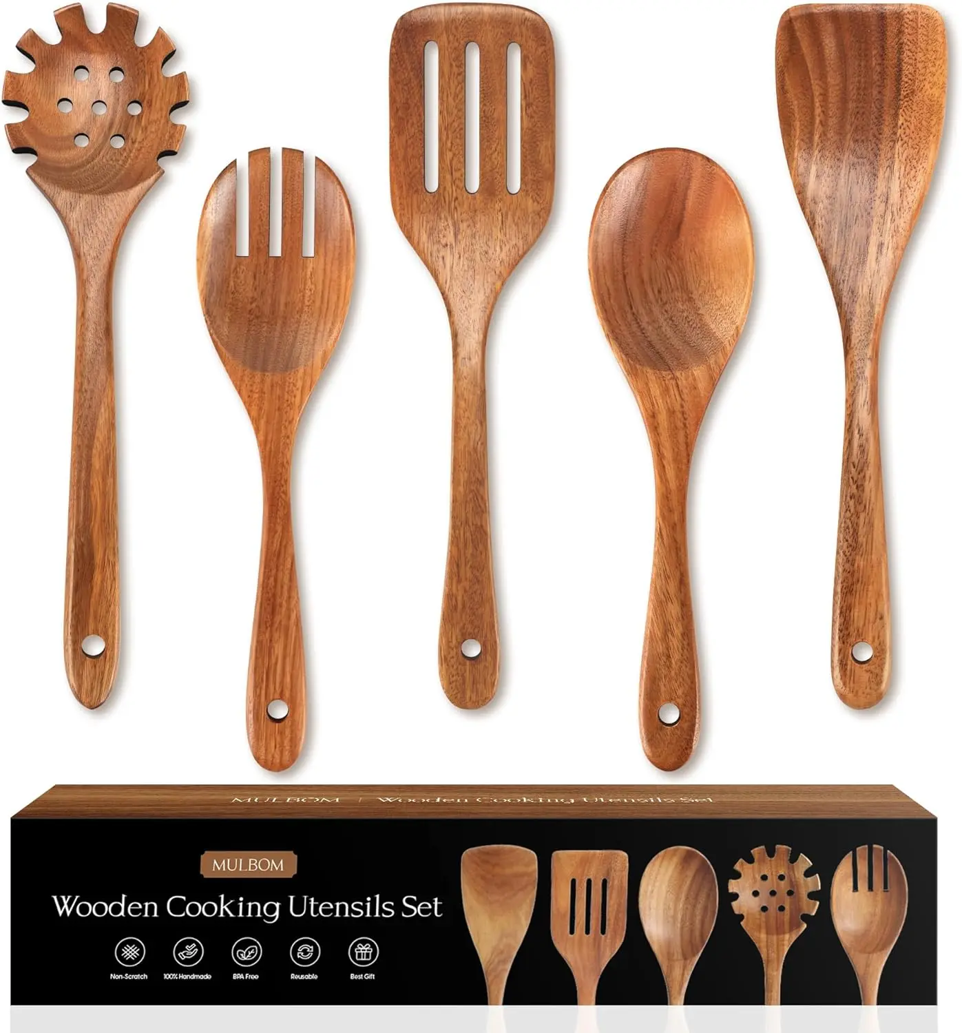5 PCS Wooden Cooking Utensils Set – Natural Teak Wooden Spoons & Spatulas, Nonstick Safe Kitchen Tools with Smooth Finish & Comfort Grip