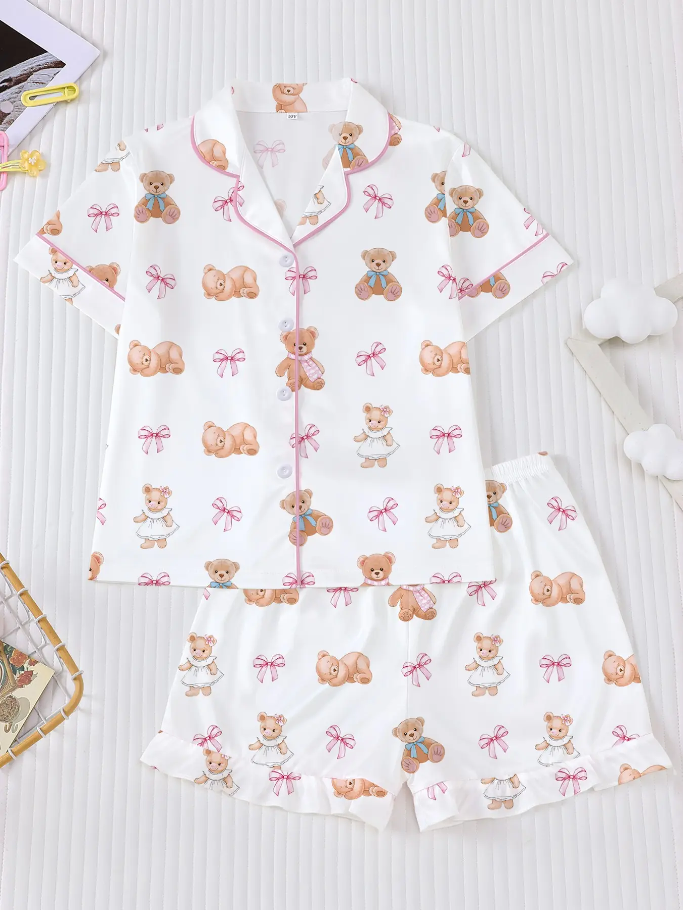 2-Piece Summer Kids Pajama Set, Cute Bear Print, Short Sleeve Breathable Homewear, Collared Shirt and Loose Elastic Waist Shorts, Summer Pjs, Casual Pajamas Set, Bear Print Sleepwear