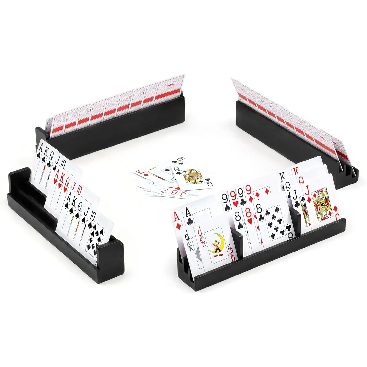 Playing Card Holders for Adults and Seniors, Set of 4 Wooden Hands-Free Card Racks with Detachable Dividers for Bridge, Canasta and Rummy