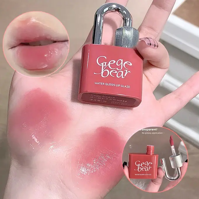 Gege Bear Lock Shine Gloss Lip Tint Hydrating Mirror Jelly Lip Glaze Water-Light Long-Lasting Gloss in Berry Red Glossy Lipgloss Dewy Makeup Gift