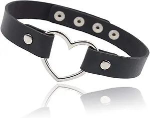 Love Heart Adjustable Leather Choker Punk PU Necklace Goth Choker Soft Collar Chain for Women