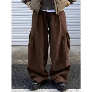 Men's Loose-Fit Drawstring Waist Long Cargo Pants, Plain Design, Suitable for Going Out