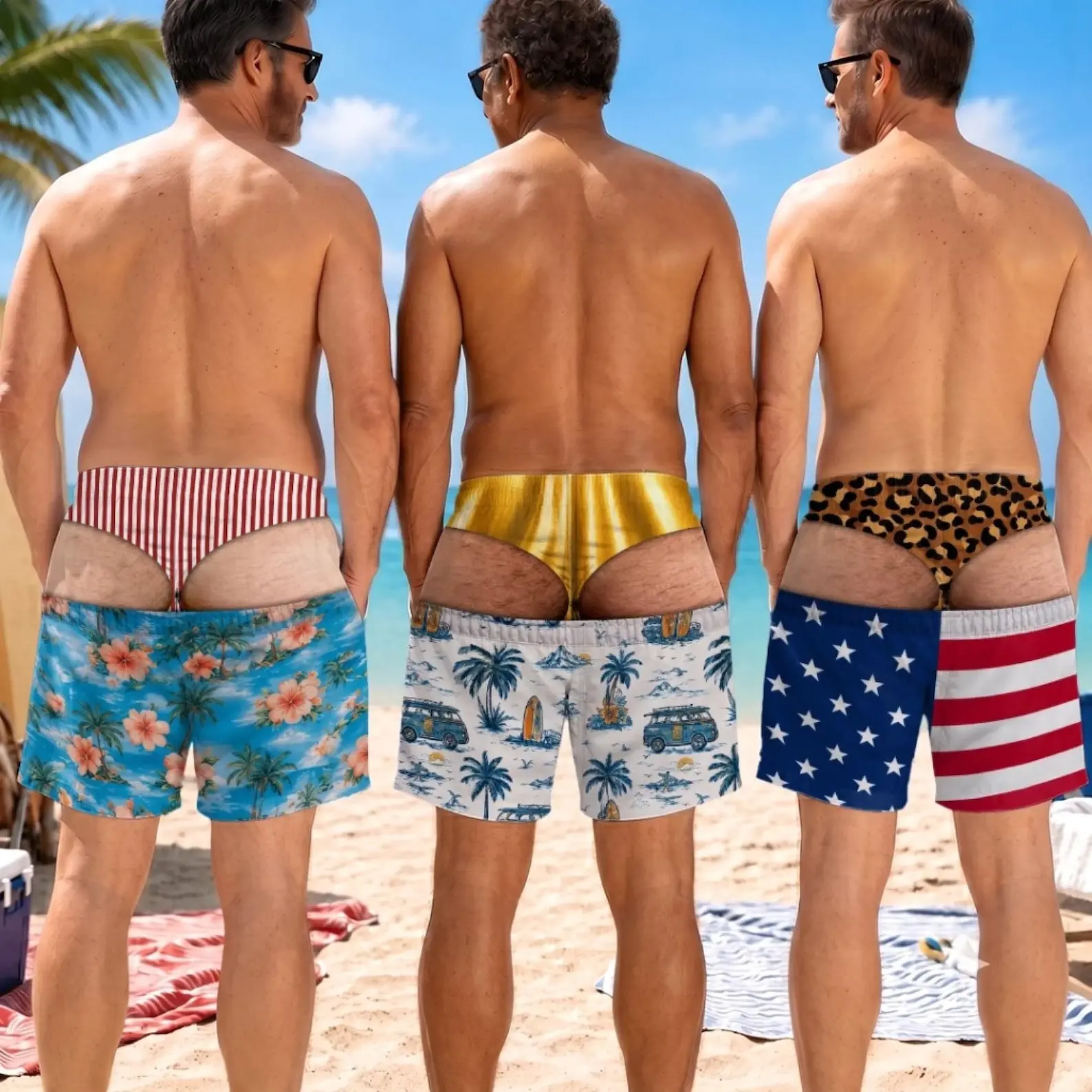 Custom Funny Patriotic Men Swim Trunks, Hairy Butt Beach Shorts, Big Booty Gag Gift for Him, Mens Bathing Suit, Bachelor Party Shorts