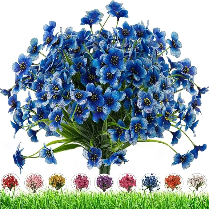 Artificial Flower Bouquets, 8 Bundles of Realistic Plastic Plants in Blue, UV Resistant for Outdoor Garden and Indoor Home Decor, Gift
