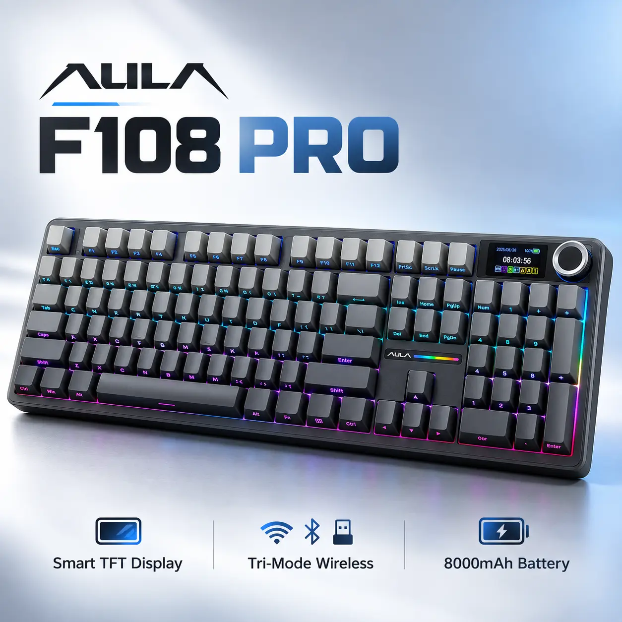 AULA F108 Pro Wireless Mechanical Gaming Keyboard, 104-Key Full-Size Keyboard with Smart TFT Screen & Knob, Tri-Mode Bluetooth 5.0/2.4GHz/USB-C, Hot-Swappable RGB, 8000mAh Battery, Side-Printed PBT Keycaps for PC/Mac#black friday