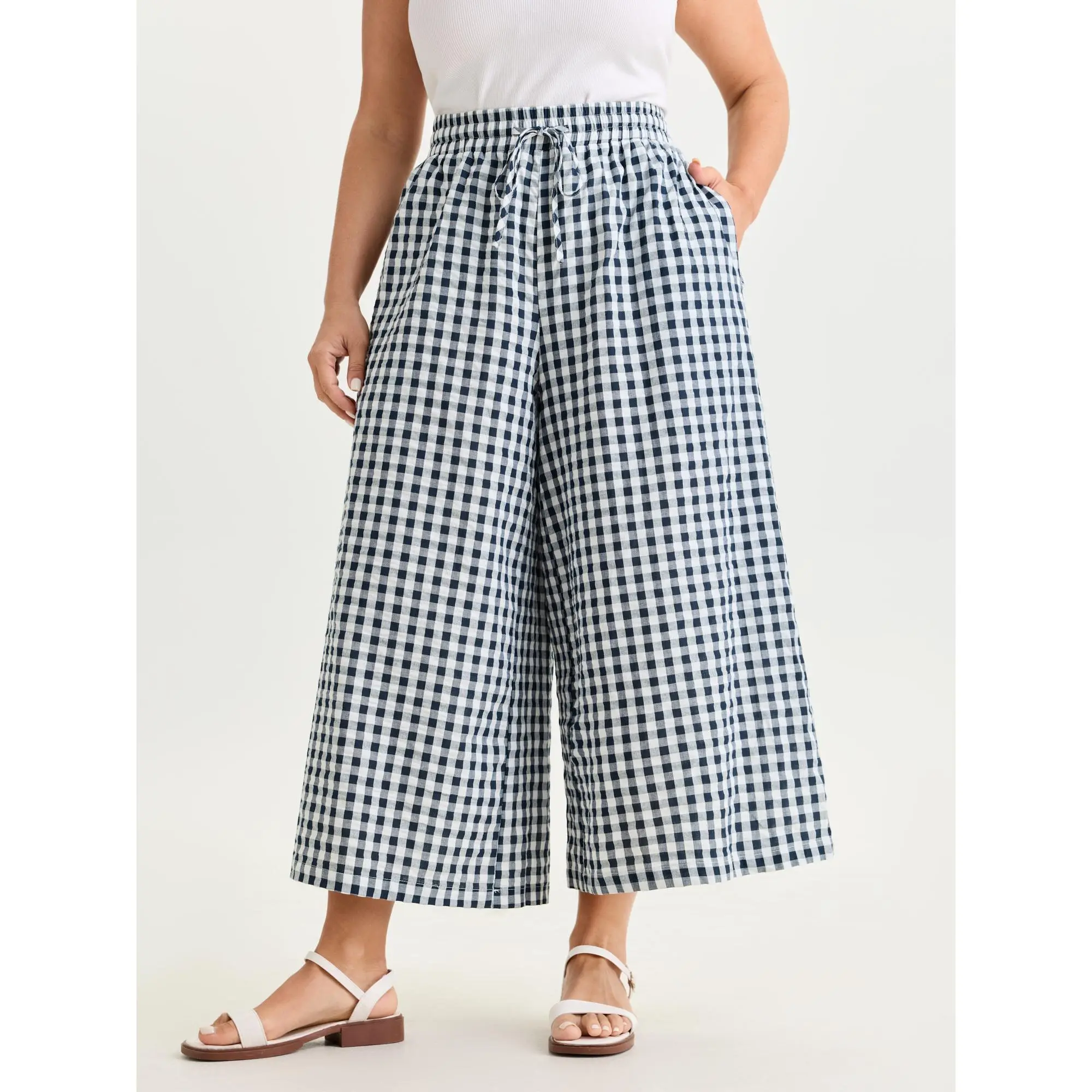 BloomChic Plus Size Plaid Lace Up Pants - 100% Cotton Straight Leg Trouser, Mid-Rise Cropped Leisure Garment Bottom, Fabric, Casual Wear, Plaid Print