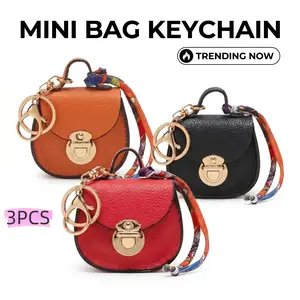 Women's 3PCS Mini Leather Key Pouch - Cute Crossbody Bag with Colorful Strap, Small Keychain Wallet for Keys, AirPods, Lipstick, Card, High-Quality Hands-Free EDC Organizer, Portable Fashion Accessory Gift Key Holder For Purse mini trinkets
