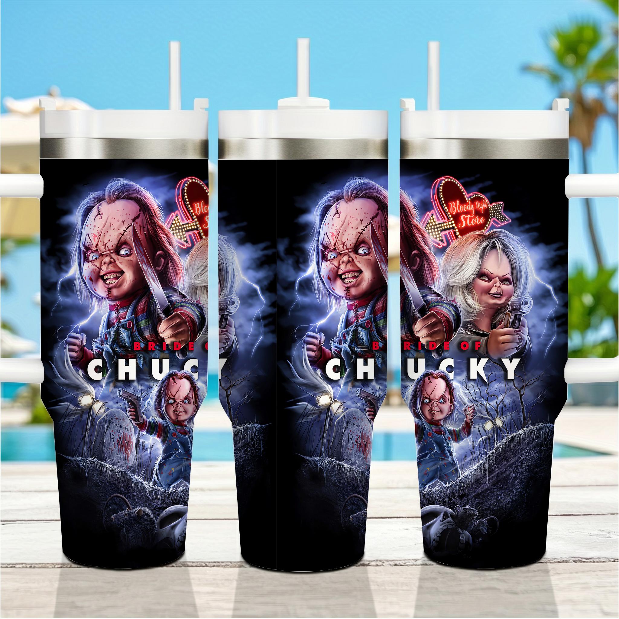Bride of Chucky Scary Halloween Insulated Tumbler, 40oz Stainless Steel Vacuum Flask, Wide Mouth Coffee Drinkware with Handle & Straw, Creepy Movie Character Wrap, Portable Car Cup Gift for Horror Fans