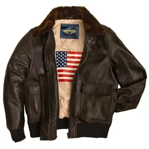 Mens Navy Air Force Flight Bomber Leather Jacket with Removable Fur Collar Heavy Quilted Lining & WWII US Flag Imprint Genuine Full Grain Leather Jacket
