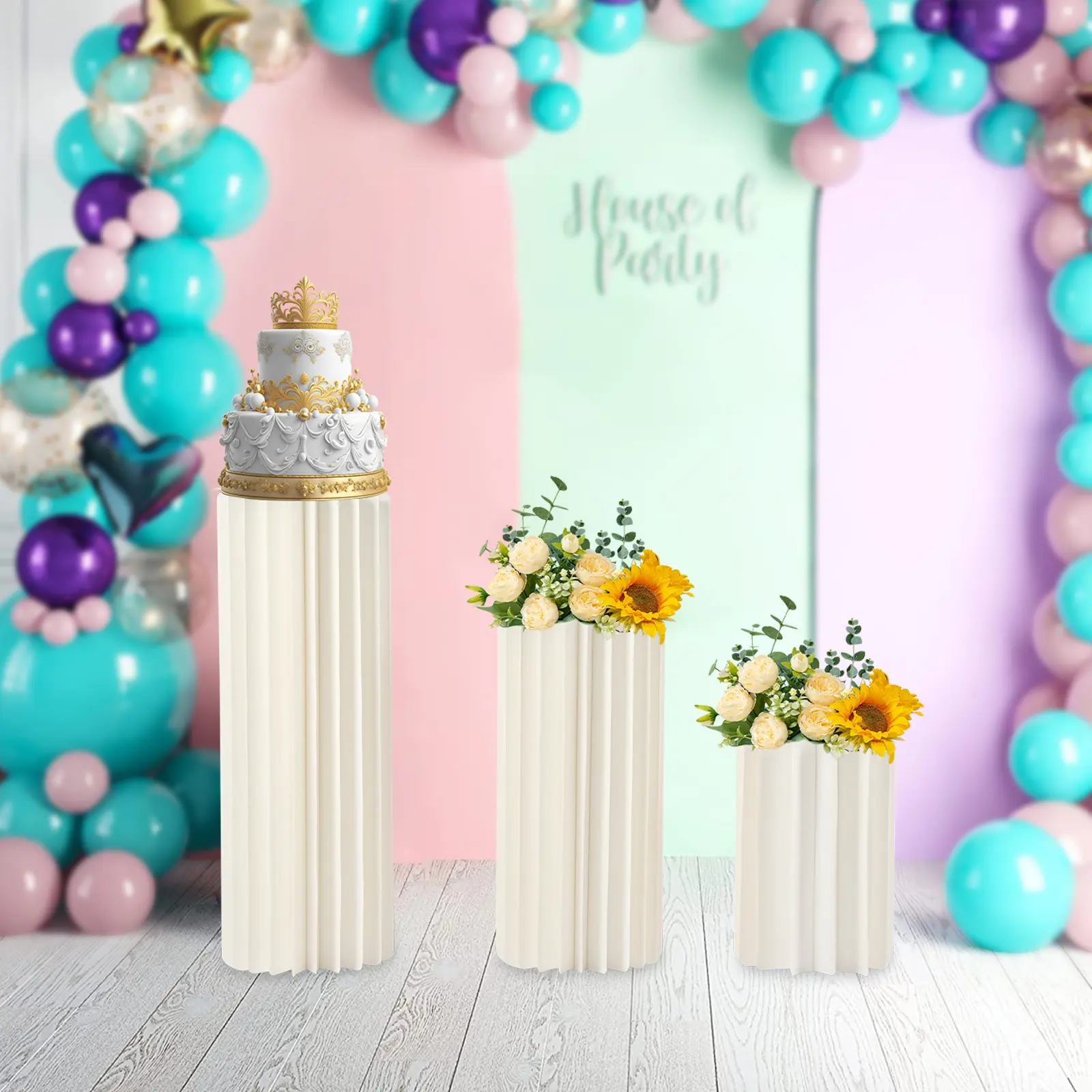 3-Piece Decorative Cardboard Honeycomb Cylinder Flower Stand Set with Transparent PVC Tops, 2mm Thick, 110 lbs Load Capacity Each, 30cm/11.8inch-60cm/23.6inch Tall DIY Backdrop Pedestals for Wedding Decor, Floral & Festive Centrepieces, Home Supplies