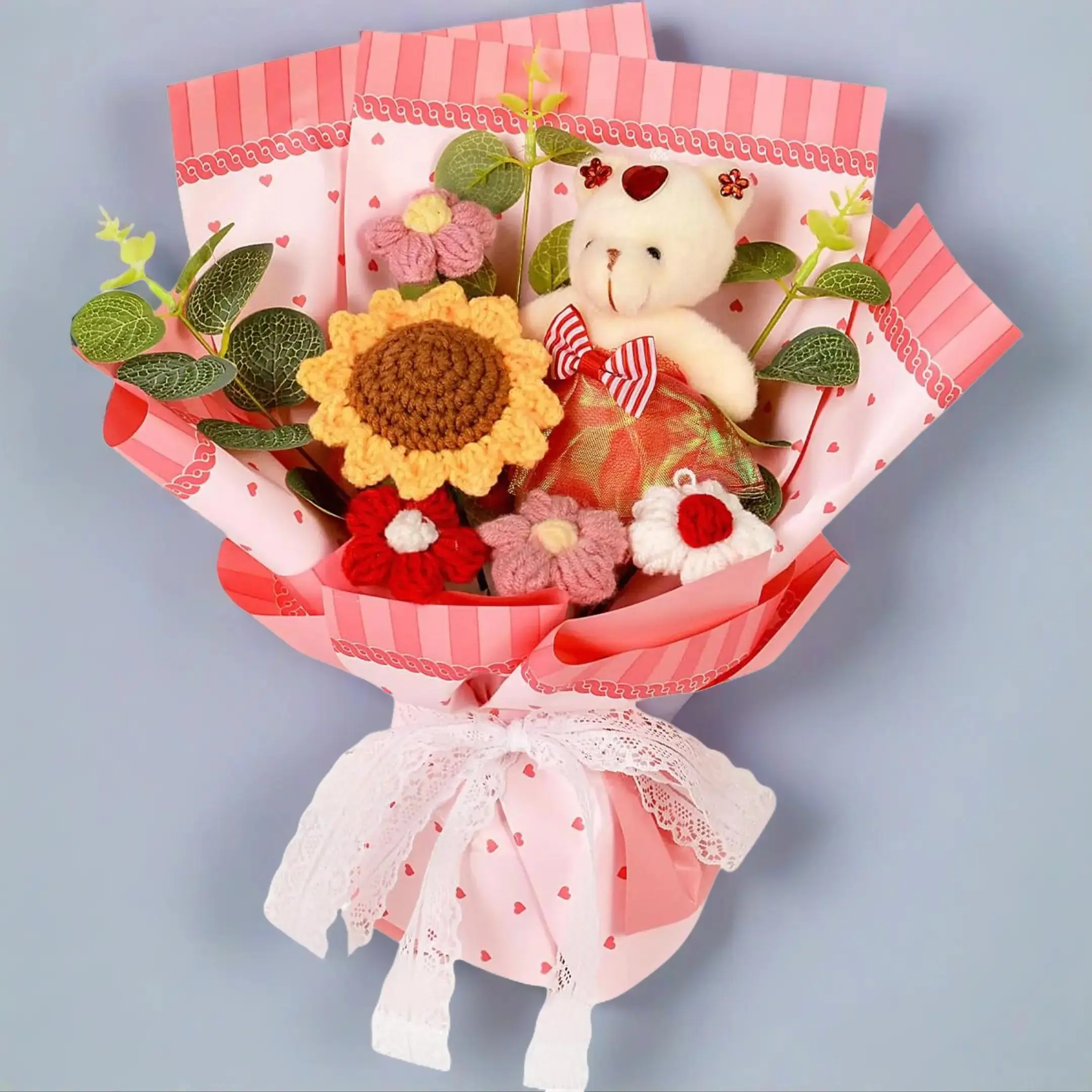 11-Inch Handmade Cotton Crochet Bear Bouquet - Decorative Artificial Arrangement with Blue Roses, Daisies, Lace, Eucalyptus, Home Decor Accessory, Ideal Mother's Day Gift, Spring Ornament