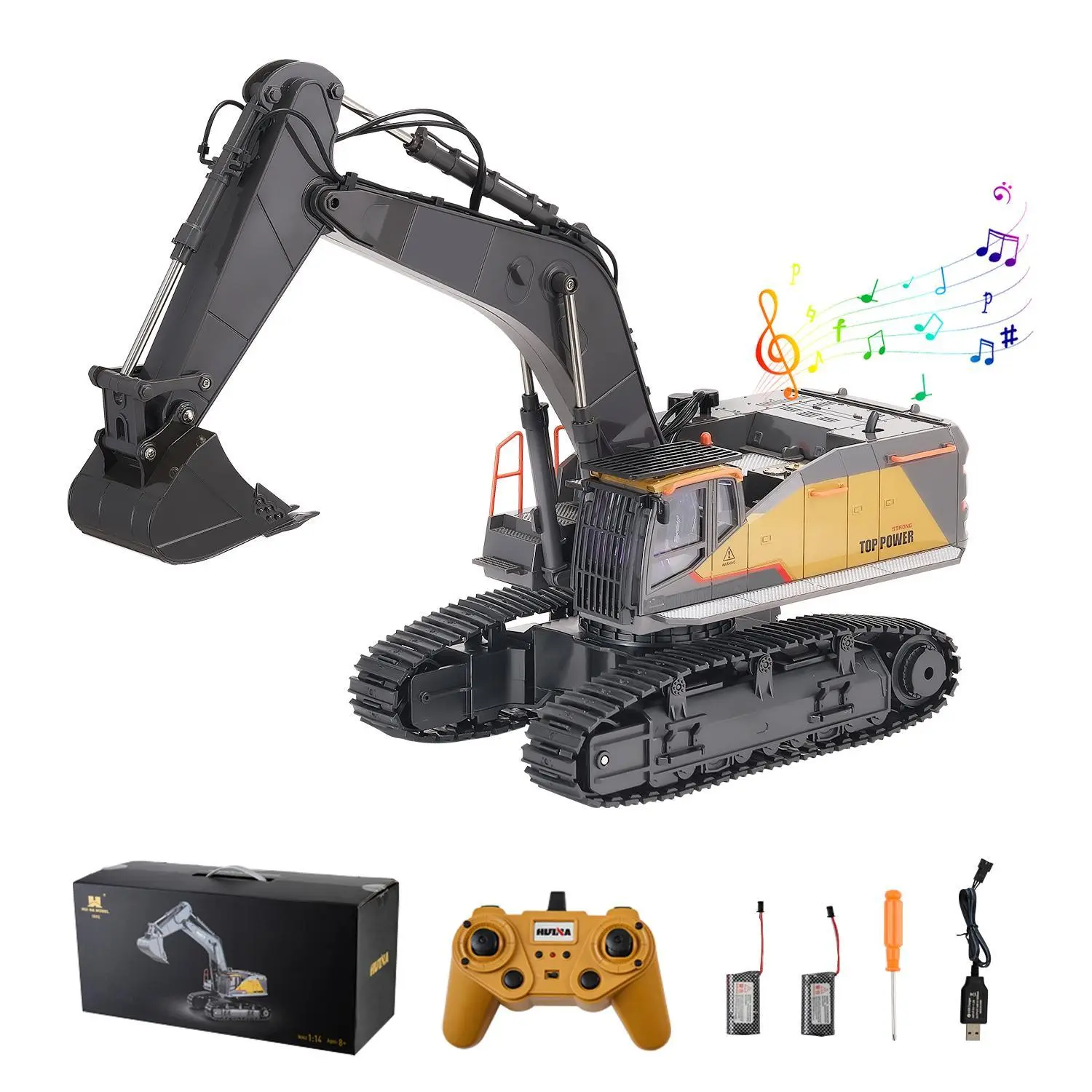 VEVOR 1:14 Scale Rechargeable Battery-Powered RC Controlled Construction Excavator Toy, 15-Channel 3-in-1 RC Digger with Metal Parts, Rubber Tracks, Realistic Look, Lights & Sounds, 500mAh 80-Minute Life, 2 Batteries (Gift for 3-4 Year Old Kids)