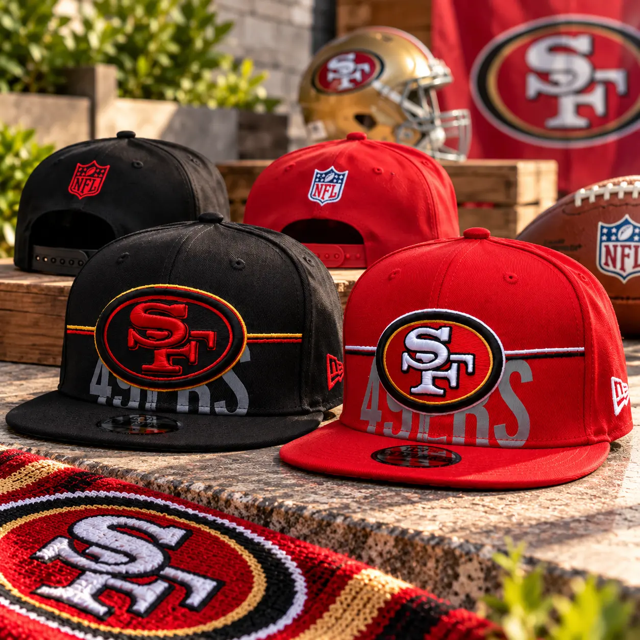 San Francisco 49ers Black and Red Snapback Collection – Embroidered SF Logo, Flat Brim Caps