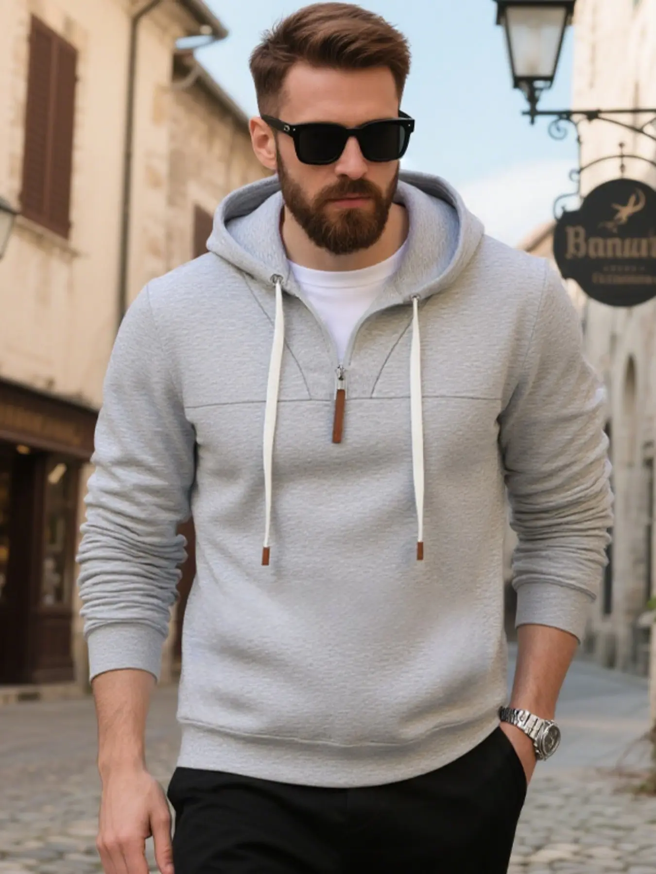 men's solid color, Plain half-zip drawstring hoodie, Hoodie Top, Casual, Fitted, Casual streetwear sweatshirt, simple and versatile, suitable for autumn and winter, upper body, outdoor sports, daily commuting, travel