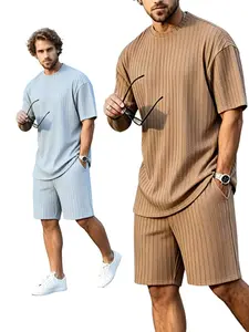 men's 2 piece sets  men's solid color short sleeved T-shirts and drawstring shorts set, summer home comfortable clothing, casual and fashionable round neck T-shirts and pocket shorts, suitable for daily outdoor wear