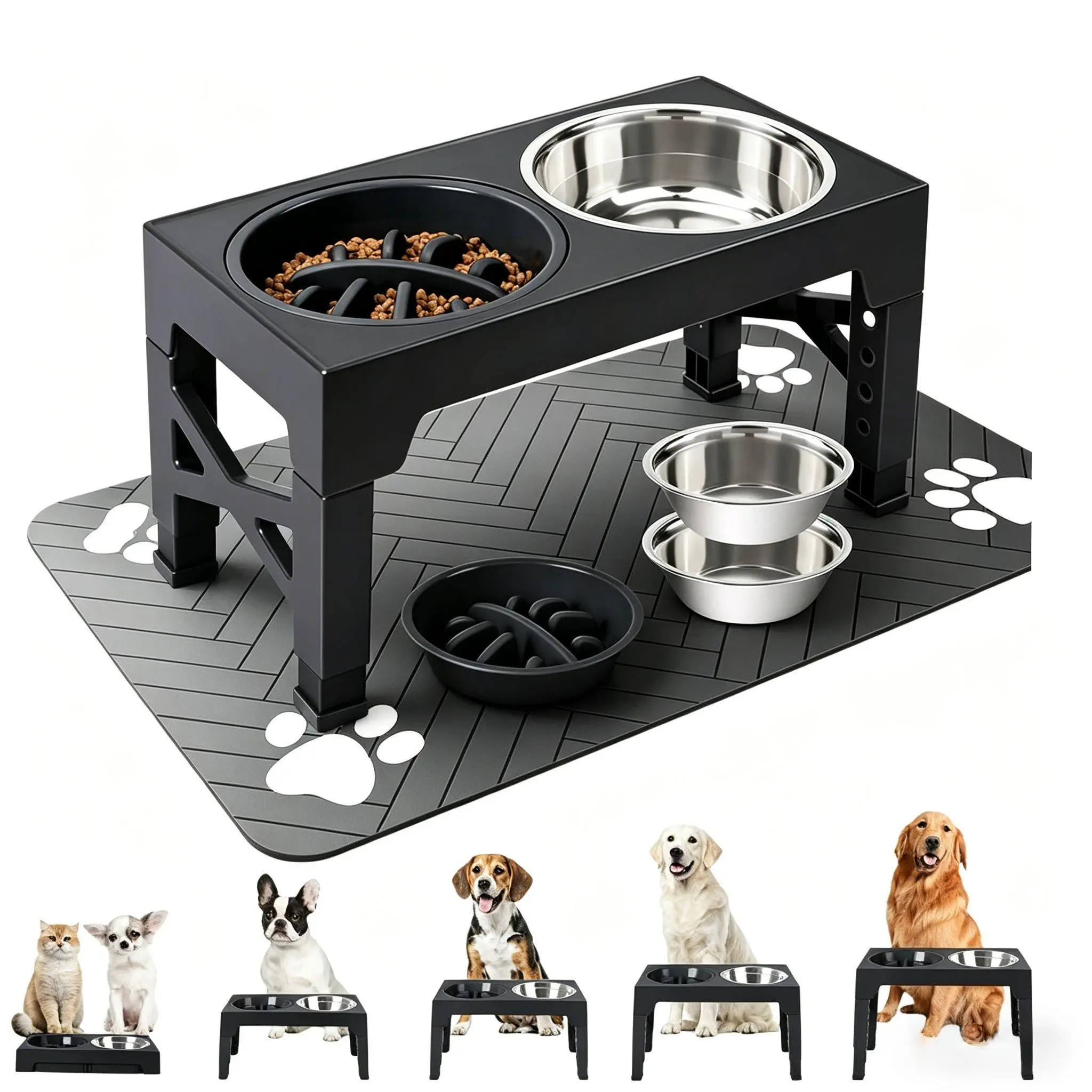 1 set of pet feeding bowl set, including adjustable 5-speed bracket, stainless steel bowl, slow food bowl and placemat, suitable for small to large dogs or cats, wet or dry food, perfect for daily dining or training, foldable, easy to assemble and clean