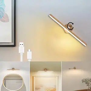 360° Rotating Magnetic LED Dimmable Picture Light, Adjustable Lighting, Touch Control, USB Rechargeable, Wooden Design, Ideal for Bathroom, Bedroom Vanity, Bedside Lamp