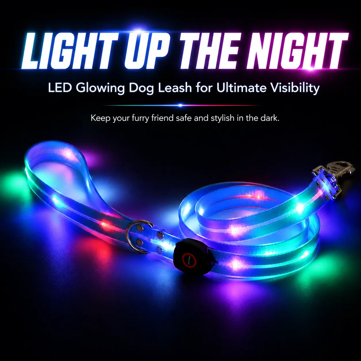 LED Dog Leash, Light Up Pet Leash for Night Walking, High Visibility Glow in the Dark Luminous Dog Lead with Control Button, Heavy Duty Metal Clasp & D-Ring, Safety Walking Gear for All Dogs