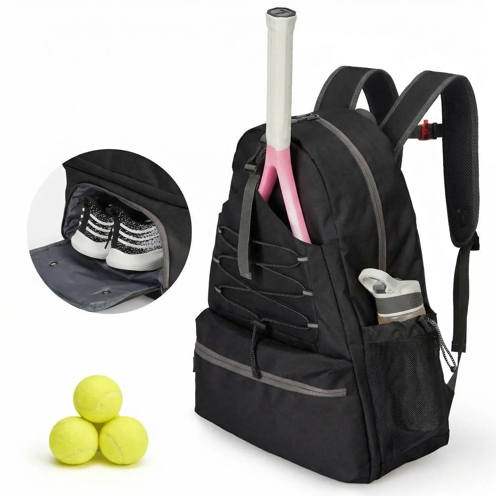 High-Capacity Tennis Racket Backpack, Water-Resistant Design Fits 2 Rackets, Ventilated Shoe Compartment & Fence Hook, Black 52x40x23cm for Adults