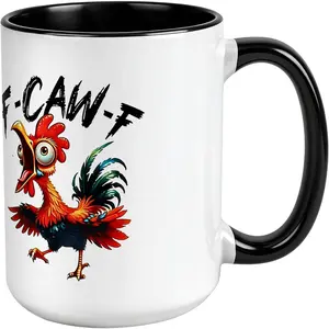15oz Large Black Handle White Ceramic Mug, Funny Screaming Rooster F-CAW-F Pun Print Coffee Tea Cup, Hilarious Farm Animal Novelty Cup, Perfect White Elephant Birthday Holiday Gag Gift For Adults Friends Coworkers Chicken Fans