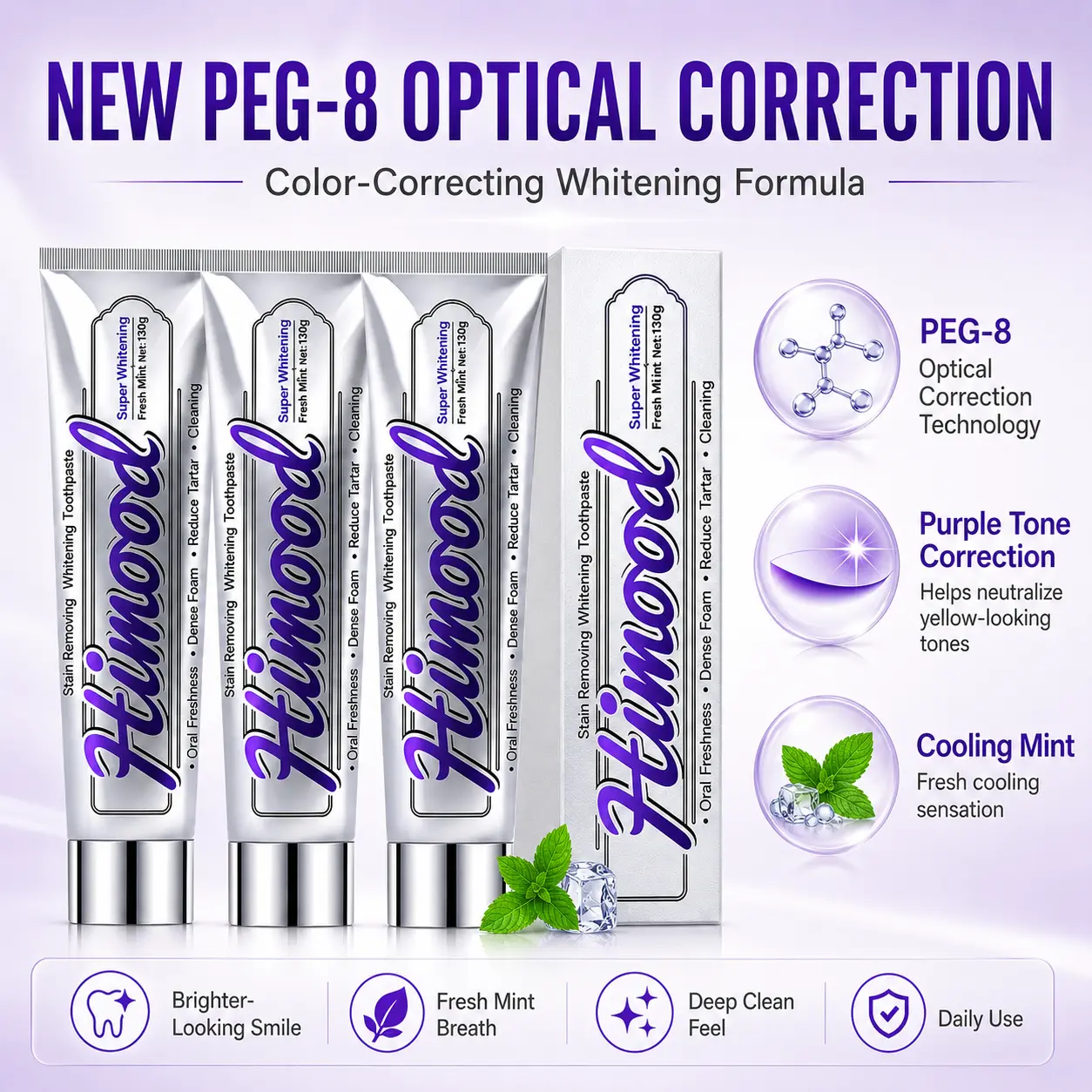 【NEW PEG-8 OPTICAL CORRECTION】Himood Micro-Polishing Whitening Toothpaste 130g - Deep Cleans Stains with Polishing Crystals Infused with Protective Minerals for Instant Brightness & Lasting Enamel Care Oral