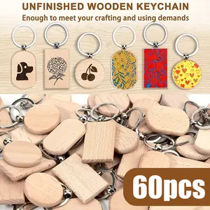 60-Pack Unfinished Wooden Keychains Bulk, Laser Engraved Blanks in 3 Shapes for DIY Crafts Gifts, Assorted Key Rings and Tags