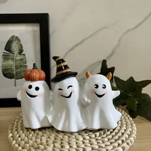 Whimsical Trio Halloween Decor - Pumpkin, Witch & Devil Horns - Cute Resin Tabletop Ornaments for Festive Home Ambiance