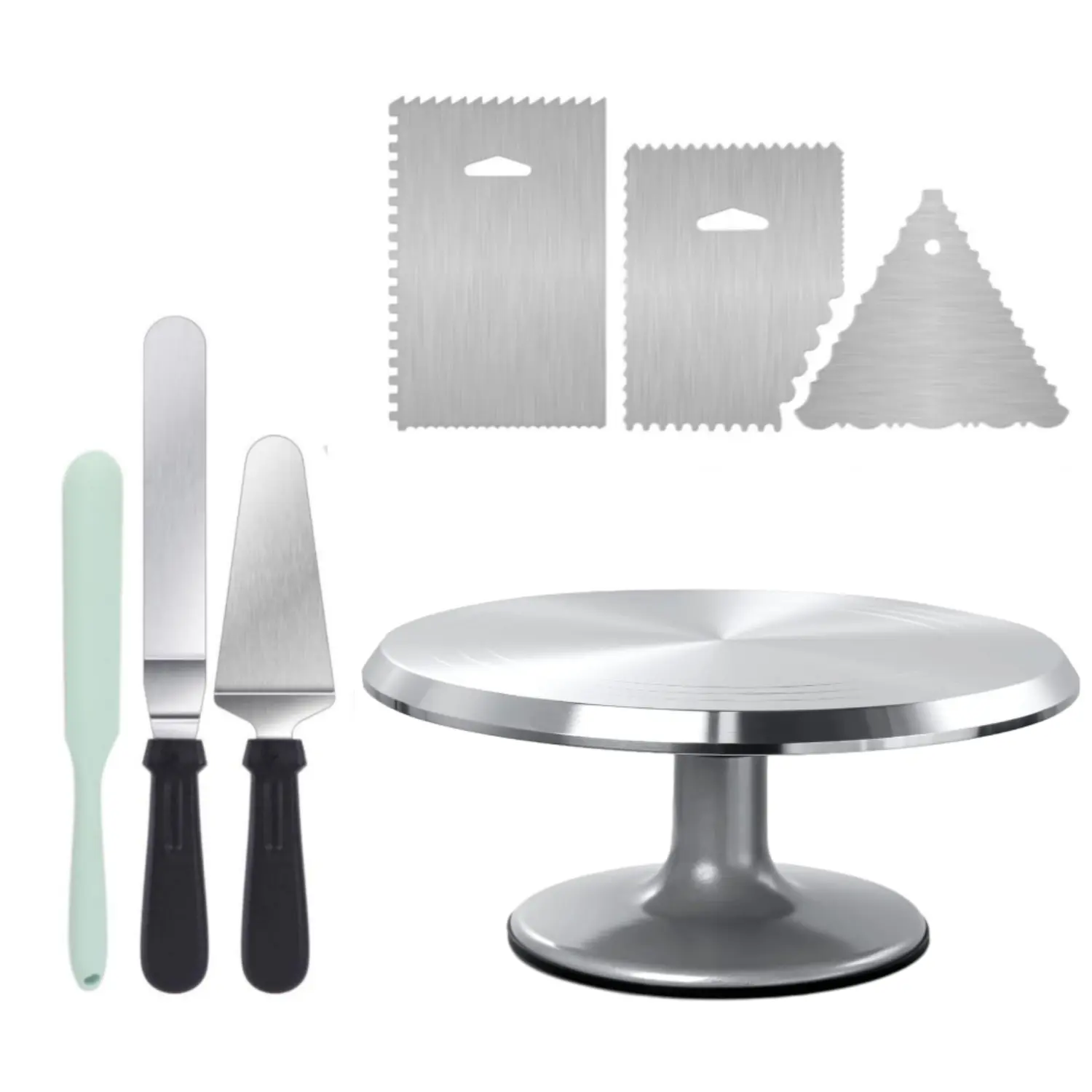 12'' Aluminium Cake Turntable Bakeware Set - Heavy-Duty Stainless Steel Rotating Stand, 2 Icing Spatulas, 3 Corrosion-Resistant Frosting Smoothers, Cake Cutter, Food-Safe Materials Baking Kit for Party Decorating, Ideal Gift, Cake Stand, 12.7" Offset Spat