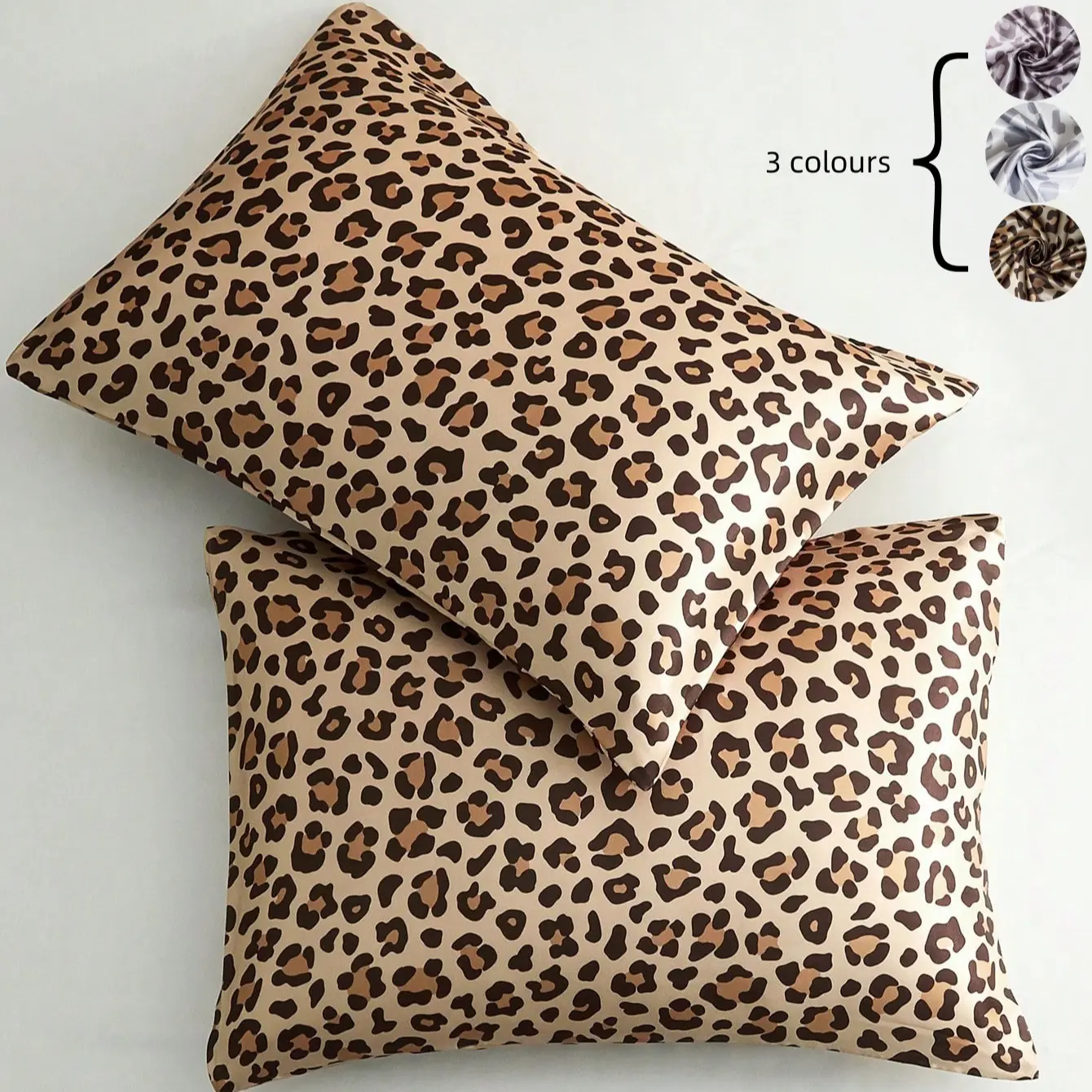 Leopard Print Pillowcase Set of Two, Satin Material with Envelope Closure, Silver Color Leopard Pattern, Stylish Bedding Accessories, Silky Satin Bedding, Hotel Style Bedding