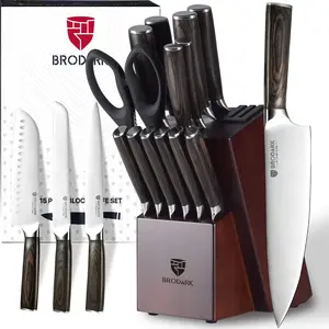 BRODARK 15PCS Full Tang Knife Set with Block wooden controller Food Grade German High Carbon Stainless Steel Professional Chef Knife Set with Sharpener Steak meat boning kitchen knives gifts for men Outdoorfun Utensils Kitchenware Cutting Slicer