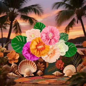 Paper Flower Tropical Party Decoration Set, Palm Leaves, Giant Paper Flower Tropical Party Decoration Set, Suitable for Summer Hawaii Taki Tropical Jungle Theme Party Decoration, (4 Large Paper Flowers, 2 Wrinkled Paper Flowers, 4 Palm Leaves) Ornaments