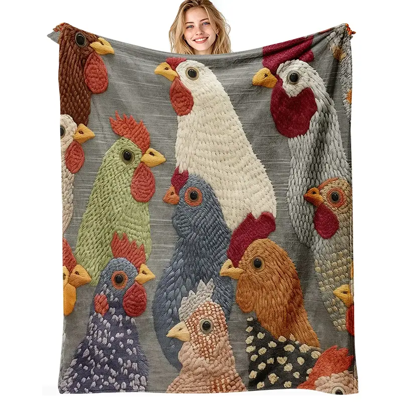 Fun Chicken Head Figure Print Soft Comfy Flannel Blanket - Colorful Farmhouse Design, Home Decor Throw, All-Season Giftable Blanket (Digital Printing, Non-Knitted, Non-Embroidered Style), Figure Print Blanket, Soft Comfy Blanket