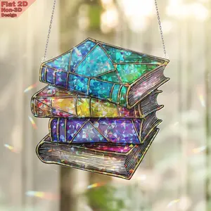 Acrylic 2D Flat Book Stack Ornament, Broken Glass Hologram Window Hanging, Bibliophile Sun Light Catcher, Book Lover Gift, Library Decor