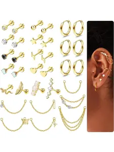 33pcs Stainless Steel Cartilage Earrings for Women, Hypoallergenic Helix Earring Set with Cz Opal Star and Heart Designs, Casual Jewelry for All Seasons