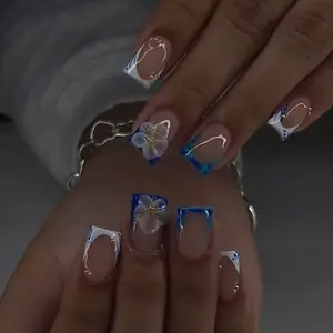 24pcs Clear Nude Nail Art Set, Blue Porcelain French Tips, 3D Flowers, Gold Beads, Square Short Nails, Glossy Finish