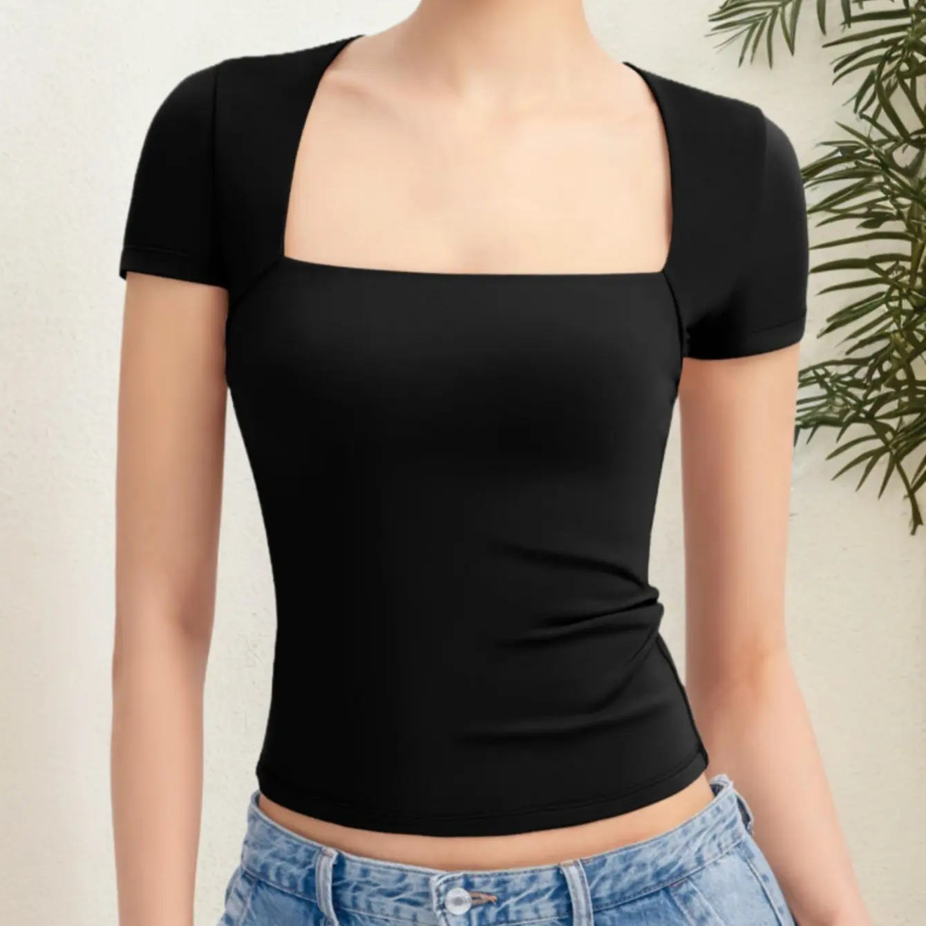 Lady's Basic Bodycon Bodysuit - Women's Square Neck Short-Sleeve Casual Slim-Fit Top, Breathable Double-Lined Sculpting Polyamide Jersey for Jeans, Skirts, High-Waist Cargo Pants, Simple Design