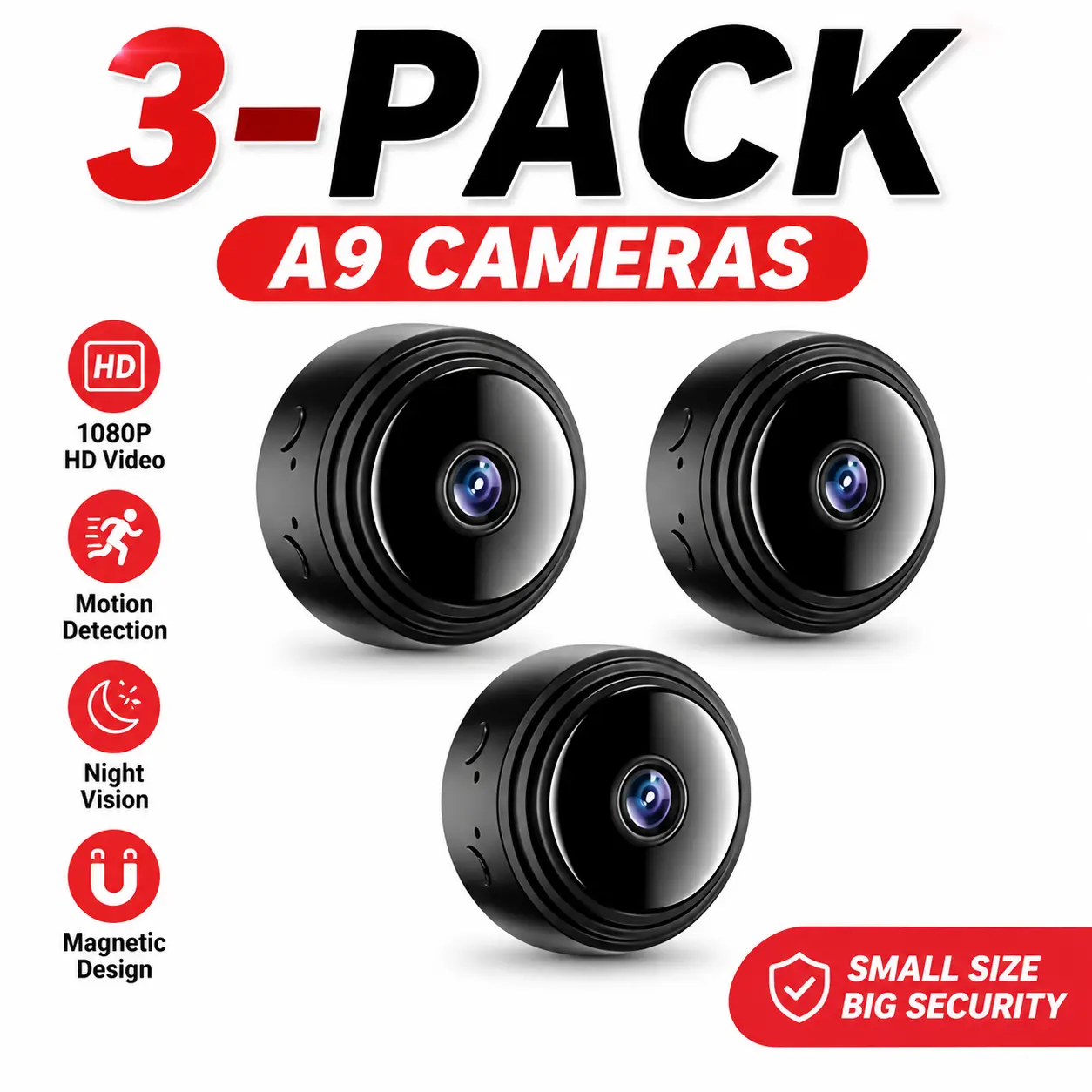 3-Pack A9 Smart Security Cameras, 2.4 GHz Wi‑Fi, 1080p HD, Night Vision, Indoor/Outdoor Wireless Surveillance System for Home & Office, Portable Connectivity