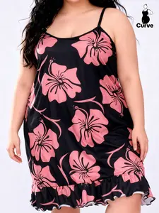 Plus Size Women's Sleepwear Home Clothes, Spring Summer Vintage Floral Print Sleeveless Spaghetti Strap Nightdress, Loose Fit Casual Dress for Home and Outdoors
