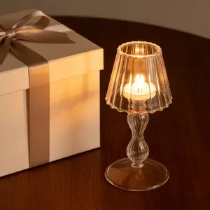 1pc Vintage Glass Candle Holder - Elegant Exquisite Design, Glass Vertical Stripe Shade & Twisted Base, Premium Texture. Holds Tealight for Romantic Ambiance. Perfect for Wedding Party Home Tabletop Decor - A Tasteful Gift for Friends, Clear