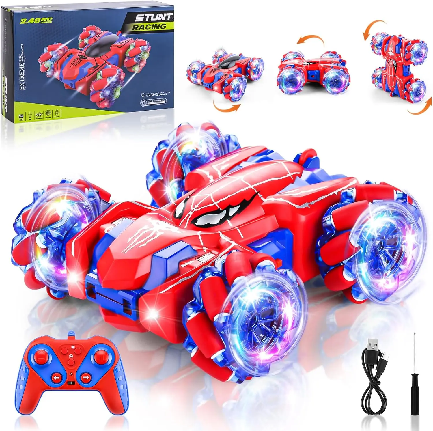 4WD 2.4GHz Remote Control Spider Theme Stunt RC Model Car - Off-Road Truck with Colorful LED Wheel Lights, 360° Rotating Flip, Double Sided Driving, Drop-Resistant, USB Charge, 90mins Runtime, Strong Grip Power, 4-6 Years Boy Birthday Gift